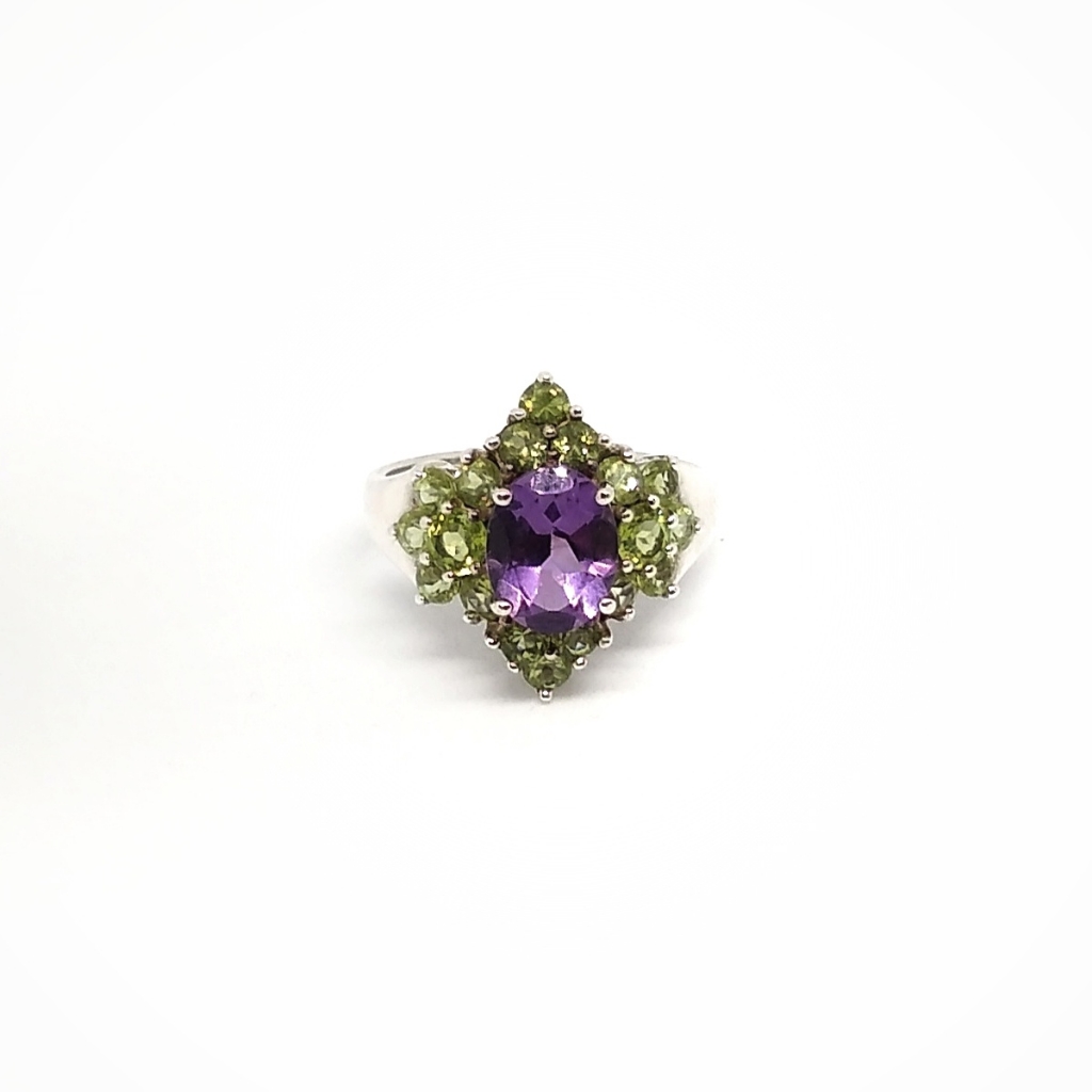 Vintage Seta Amethyst And Peridot Cluster Coctail Ring